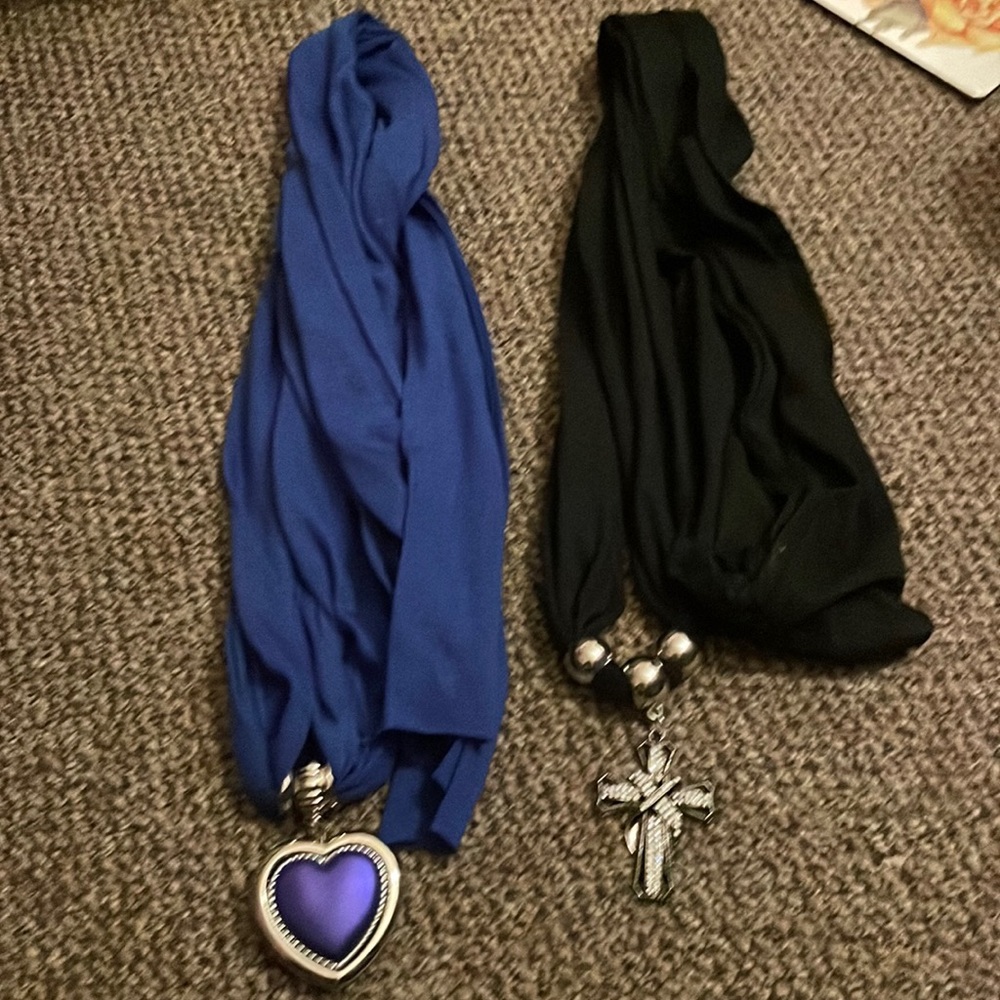 Blue and black scarfs blue heart and black cross with diamonds
